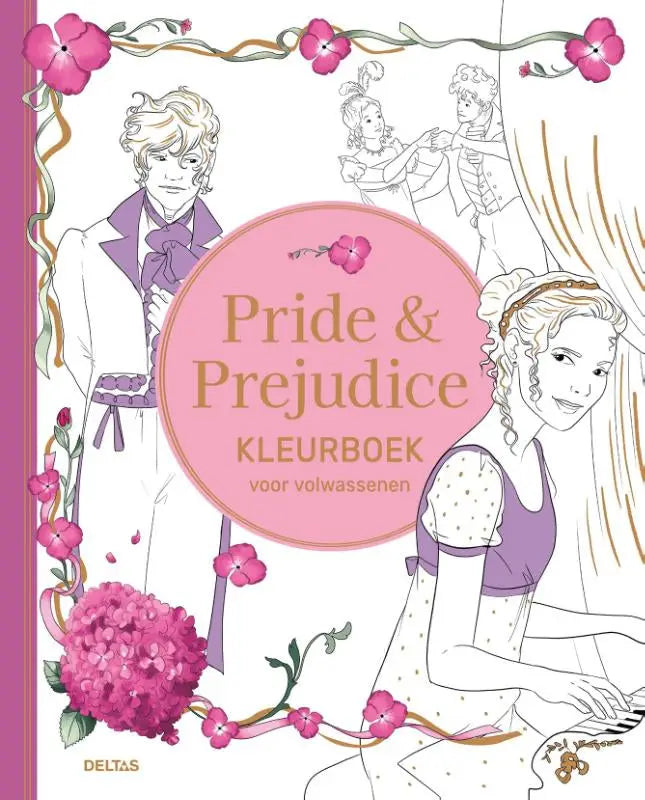 Roze bloemrijk prejudice kleurboek voor volwassenen met jane austen personages van delta chantecler