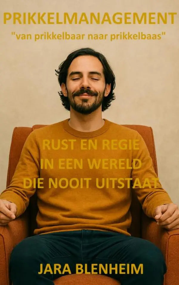 Een man met een oranje trui symboliseert prikkelmanagement en rust in een wereld die nooit uitstaat