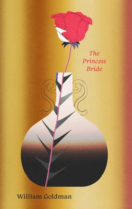 Een gestileerde rode roos met zwart-witte bladeren in een vaas tegen een gouden achtergrond voor het klassiek verhaal princess bride over ware liefde