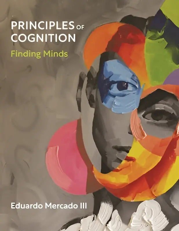 De boekcover van principles of cognition finding minds toont een abstracte, kleurrijke illustratie in oranje en blauw voor cognitieve psychologie