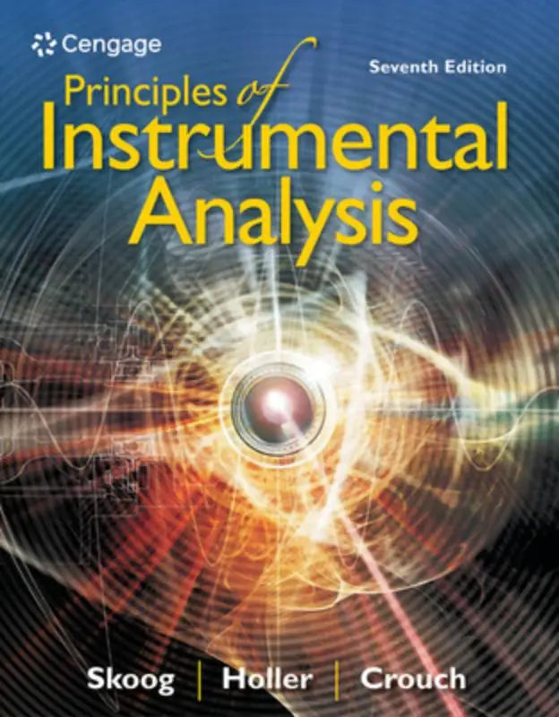 De zevende editie van principles of instrumental analysis door skoog holler en crouch toont een diepe blauwe omslag met oranje licht effecten en een lensgraphic