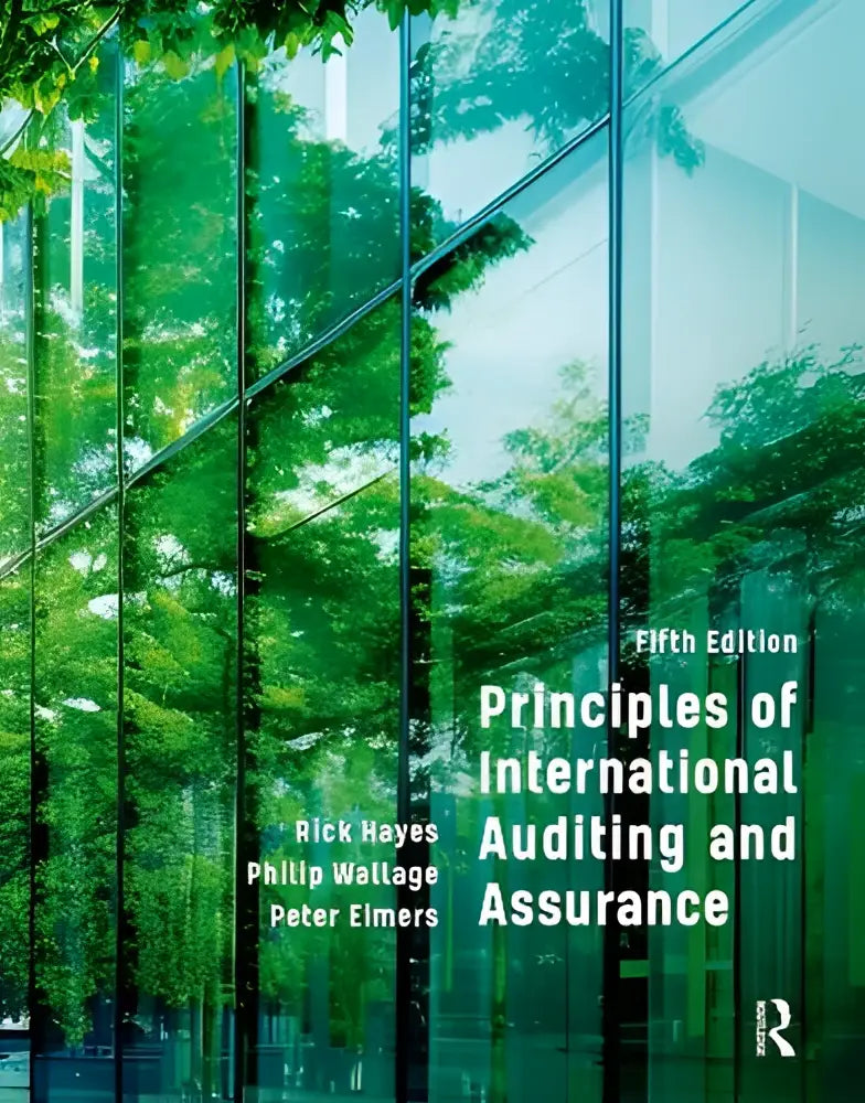 De boekcover toont principles of international auditing and assurance met peter eimers en andere auteurs op groene glazen achtergrond