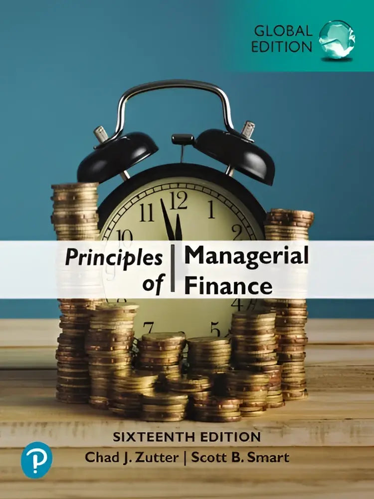 Zwart klassiek alarmklok met ronde wijzerplaat en twee bellen omringd door stapels gouden munten in principles of managerial finance global edition voor teaching and learning
