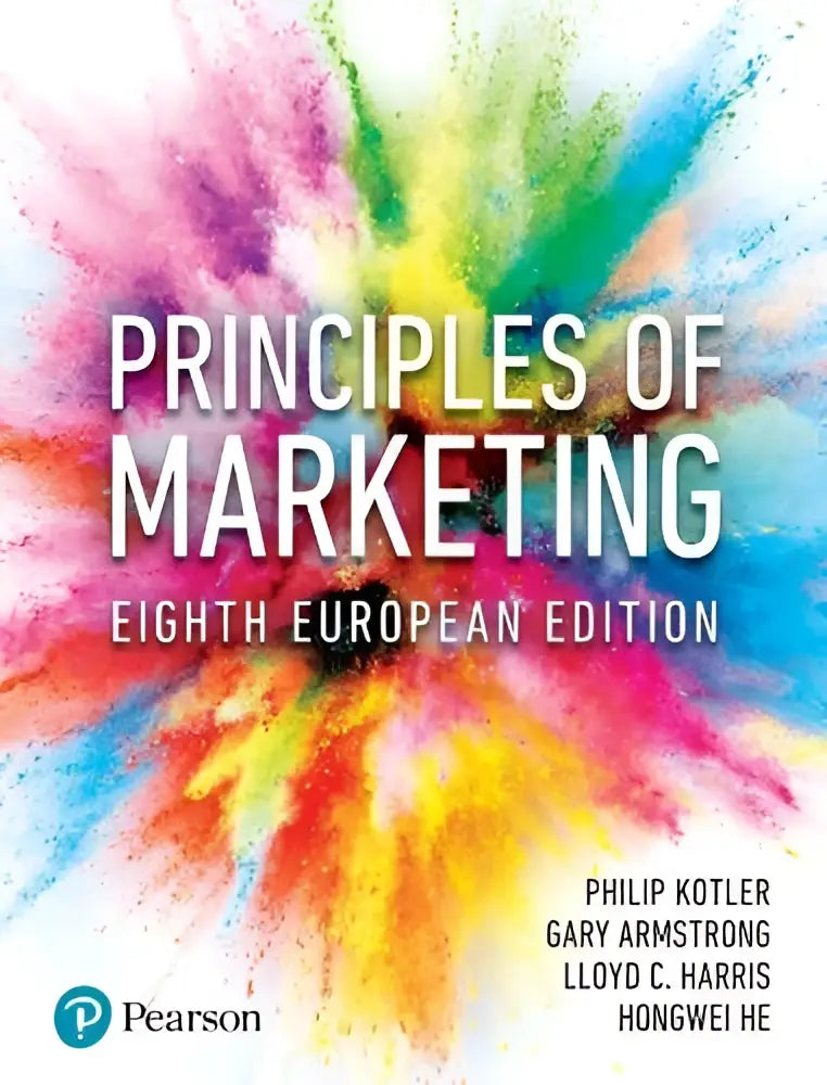 Cover van het boek principles of marketing 8th european edition met een levendig, multikleuren poederexplosieontwerp