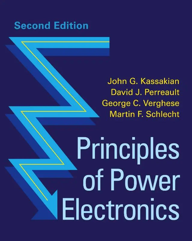 Second edition principles of power electronics textbook with a bold blue zigzag on deep navy background substantially expanded and updated