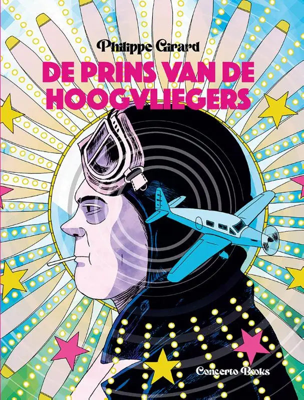 De prins van de hoogvliegers geïllustreerd boek met gestileerd portret en lichtblauw vliegtuig op stralende achtergrond