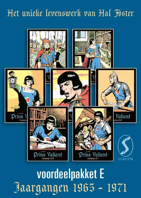 Blauwe boekcover van prins valiant pakket deel 29-35 met zes stripillustraties uit valiant pakket 1965-1971