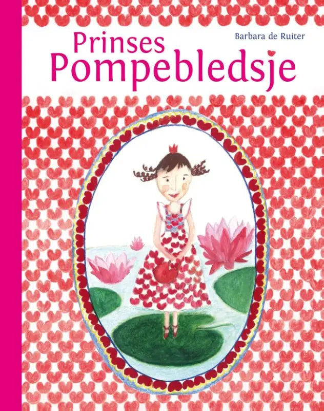 A charmant kinderboek prinses pompebledsje met een meisje in een rood hartjesjurk op lotusbladeren