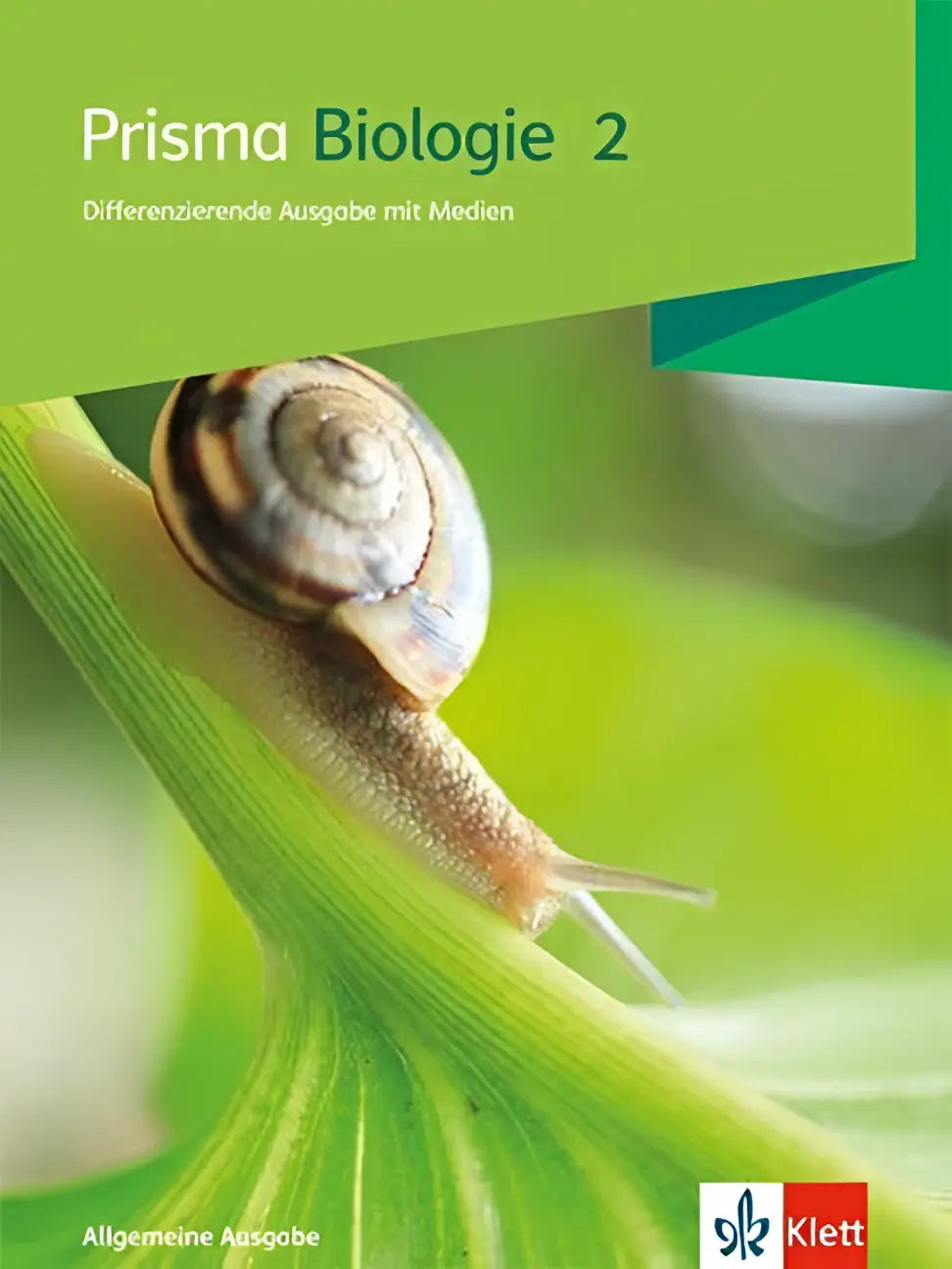 Een slak met een bruin-beige gestreepte spiraalschelp kruipt op een groene blad foto in prisma biologie 2 schulbuch mit medien