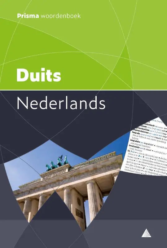 Groene en zwarte prisma woordenboek duits-nederlands met afbeelding van de brandenburger tor binnen woordenboeken