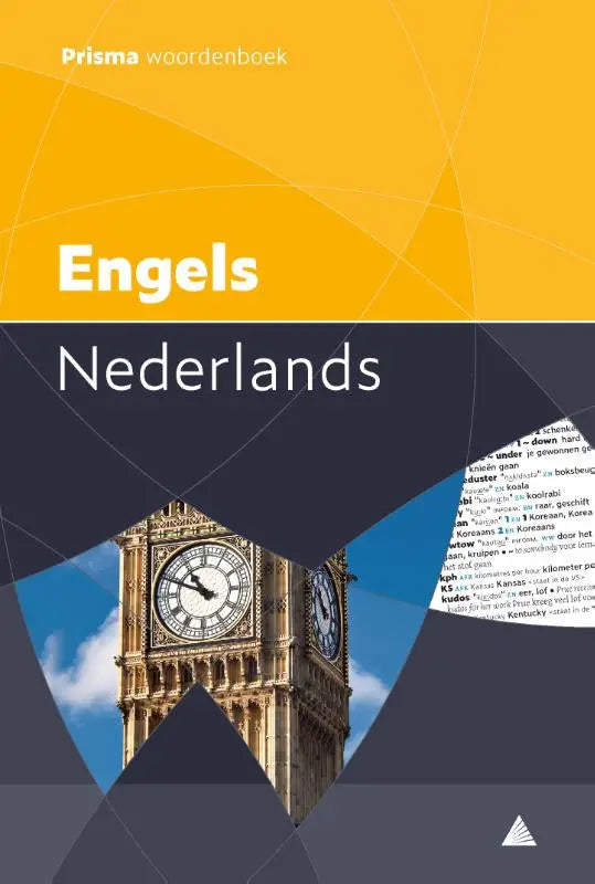 Gele en marineblauwe omslag van prisma woordenboek engels-nederlands met afbeelding van big ben binnen woordenboeken
