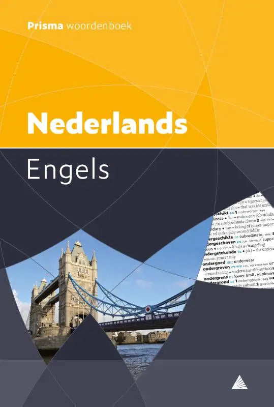 Gele en marineblauwe omslag van prisma woordenboek nederlands-engels met afbeelding van tower bridge