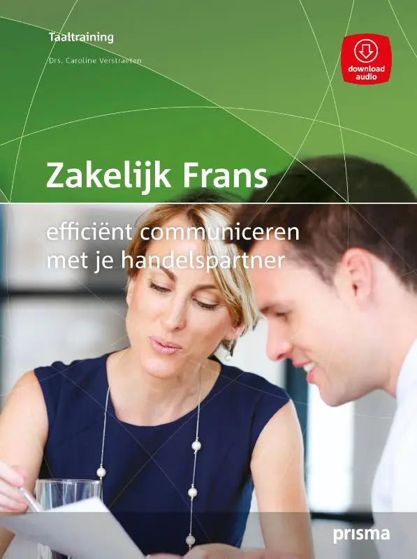 Groene boekcover van prisma zakelijk frans met titel en foto van twee mensen in professionele kleding