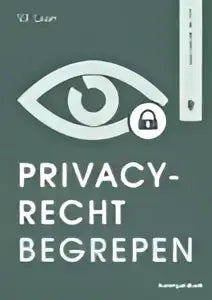 De minimalistische boekcover van privacyrecht begrepen door koninklijke boom uitgevers toont een zwart-wit gestileerd oog op een gedempte groene achtergrond