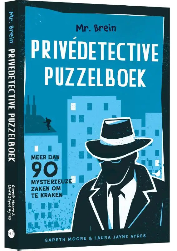 Blauw gebonden privédetective puzzelboek met gestileerde detective illustratie en stedelijke achtergrond aanbieding mr brein