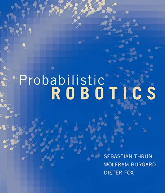 Blauwe boekomslag van probabilistic robotics door sebastian thrun van stanford university met subtiel gloeiend patroon