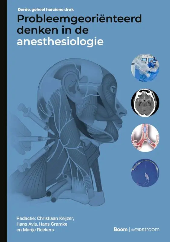Blauwe boekcover probleemgeoriënteerd denken in de anesthesiologie met anatomische illustratie door christiaan keijzer en hans avis