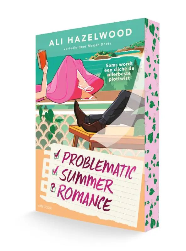 Vibrante boekomslag van problematic summer romance met vrouw in roze bij het water en illustraties van vinkjes op papier