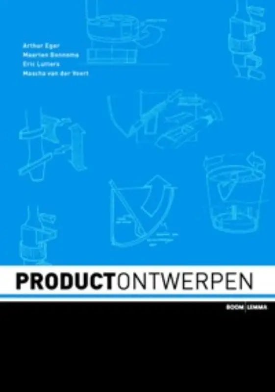 Blauwe boekomslag van productontwerpen met witte lijntekeningen en titel in zwart van koninklijke boom uitgevers