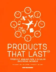 Oranje cirkelvormig logo met zwarte tekst products that last onder een gestileerd patroon van verbonden cirkels