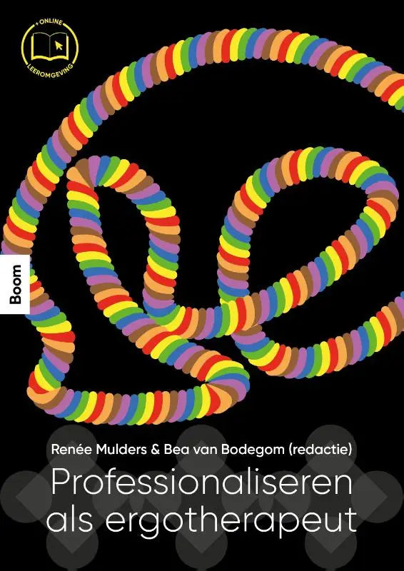 Professionaliseren als ergotherapeut met regenboogkleurig gesegmenteerd spiraalontwerp op zwarte achtergrond