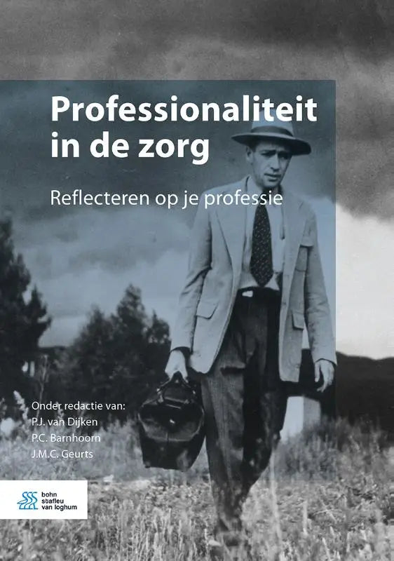 Zwart-witte boekcover professionaliteit in de zorg met man in pak en aktetas voor bsl media geneeskunde algemeen