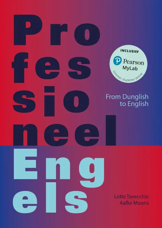 Het boek professioneel engels met mylab nl toegangscode toont een gradient achtergrond van rood naar blauw met de titel in donkerblauwe letters en behandelt from dunglish
