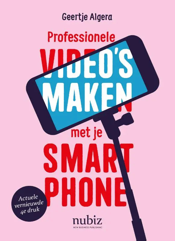 Zwarte smartphone met blauw scherm en witte tekst op statief voor het maken van professionele video’s met je smartphone