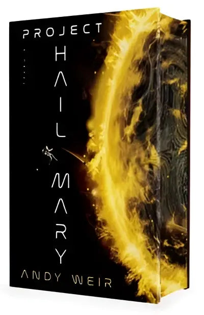 The book project hail mary by andy weir has a black cover with a fiery golden sunburst illustration