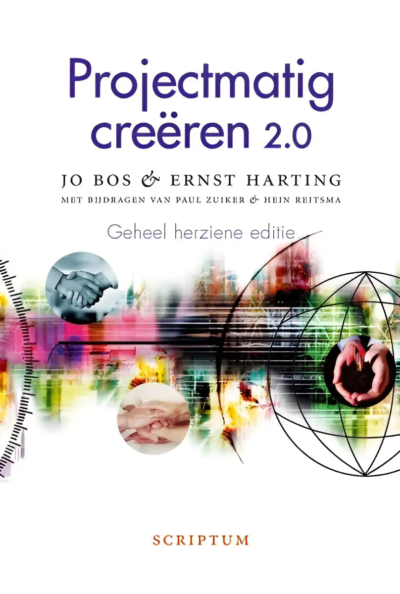 De boekcover van projectmatig creeren 2.0 toont titel in paarse letters met auteurs jo bos en ernst harting op witte achtergrond