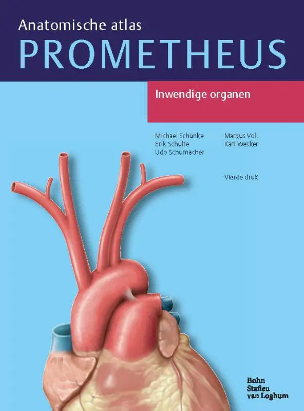 De cover van prometheus anatomische atlas 2 toont een gedetailleerde illustratie van menselijke organen met een rood hart