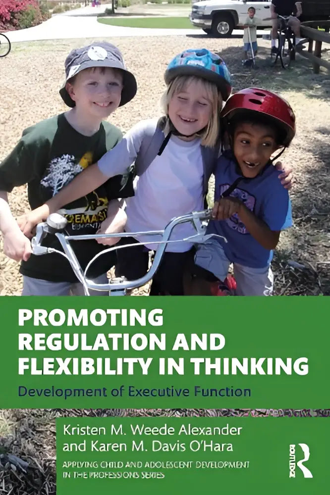 De boekcover van promoting regulation and flexibility in thinking toont een groene achtergrond met wit en zwart tekst over regulation and flexibility