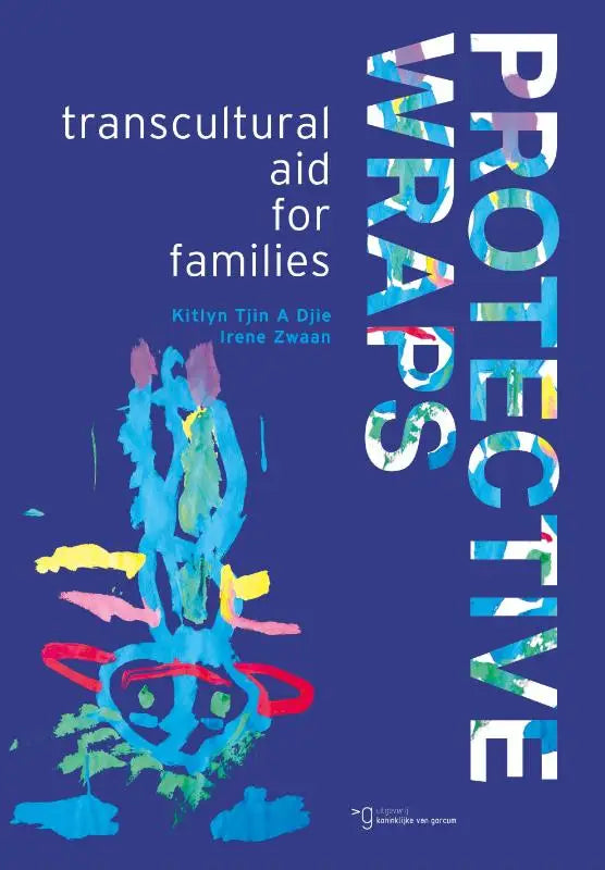 De boekcover van protective wraps toont een kleurrijke titel en een abstracte illustratie van gestileerde figuren op blauwe achtergrond