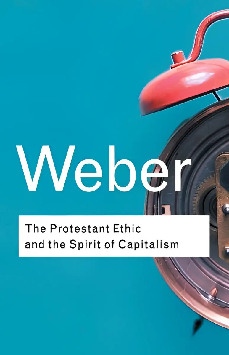 Rode wekker met metalen basis en zichtbare tandwielen voor het product protestantse ethiek en de geest van het kapitalisme