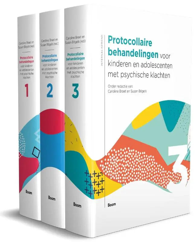 Drie witte hardcoverboeken protocollaire behandelingen voor kinderen en adolescenten met psychische klachten van caroline braet
