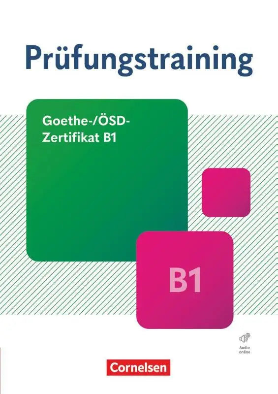 Groen en magenta geometrisch ontwerp boekomslag voor prüfungstraining daf goethe Ösd-zertifikat b1 nieuwe ausgabe van cornelsen