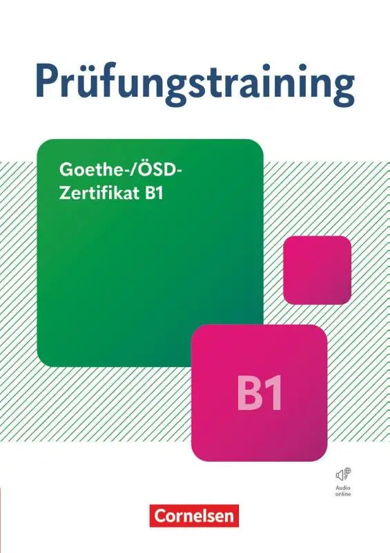Groen en magenta geometrisch boekomslag voor prüfungstraining daf goethe- Ösd-zertifikat b1 nieuwe ausgabe van cornelsen