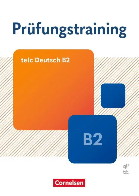 Boekcover met oranje en blauwe geometrische vormgeving voor prüfungstraining daf telc deutsch b2 zelfstandig oefenen