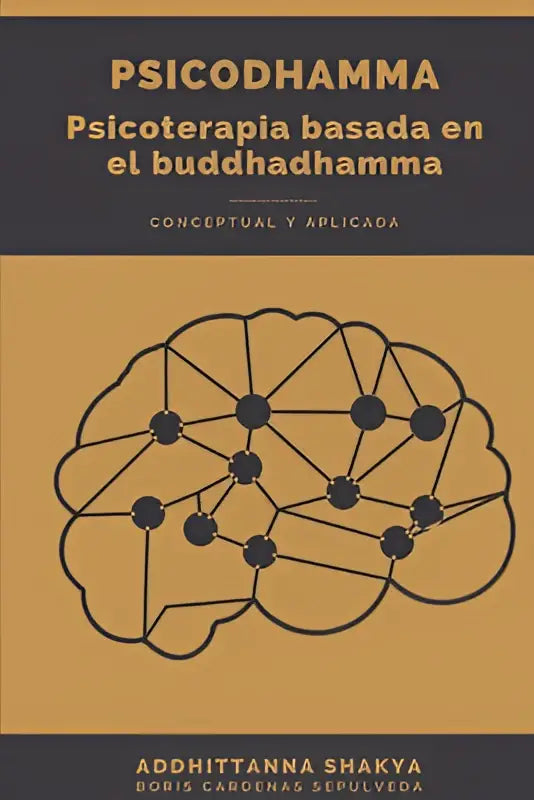 Het boek psicodhamma psicoterapia bevat een minimalistische zwarte lijntekening van een hersenillustratie op een okerkleurige achtergrond