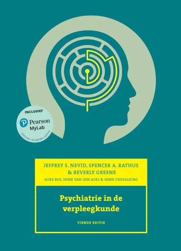 Teal kleurig studieboek psychiatrie in de verpleegkunde met witte hoofdschaduw en gele doolhof, geschikt voor hoger onderwijs verzorgingsvakken