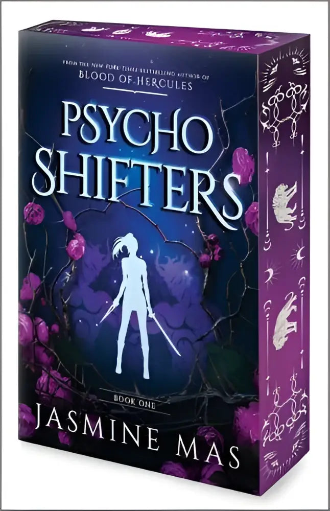 Paars hardcoverboek psycho shifters van jasmine mas met witte silhouetvrouw en zwaarden op donkerblauwe en paarse achtergrond in de cruel shifterverse