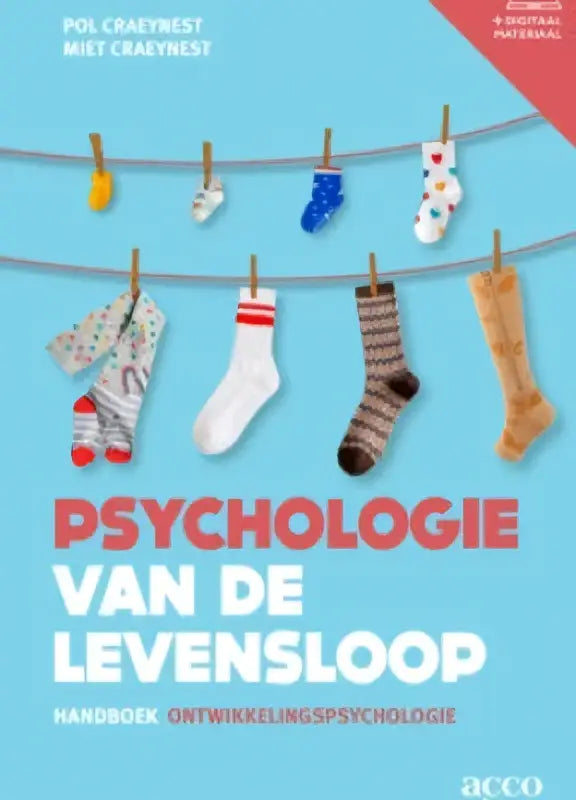 Boekcover psychologie van de levensloop met lichtblauwe achtergrond en kleurrijke sokken ontworpen door miet en pol craeynest