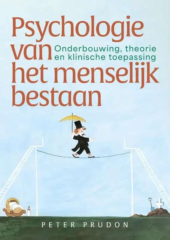 De boekcover van psychologie van het menselijk bestaan toont een man in zwarte kleding met gele paraplu op een strak koord
