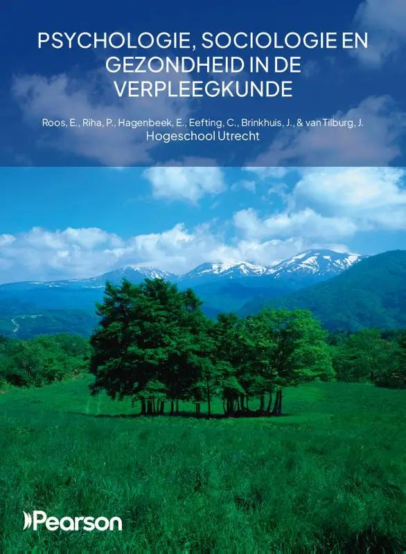Boek psychologie sociologie en gezondheid in de verpleegkunde met glanzende kaft en kleurrijk landschap van bergen en bomen