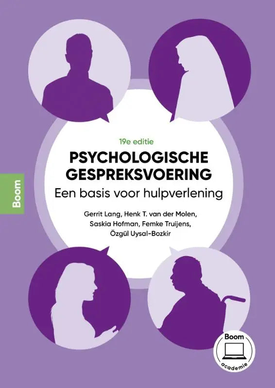 Paarse boekomslag van psychologische gespreksvoering met silhouetten van vier personen en auteursgegevens