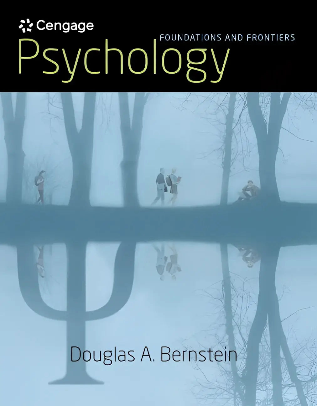 De cover van het boek psychology heeft de titel in een vet, lichtgroen lettertype op een zwarte banner bovenaan