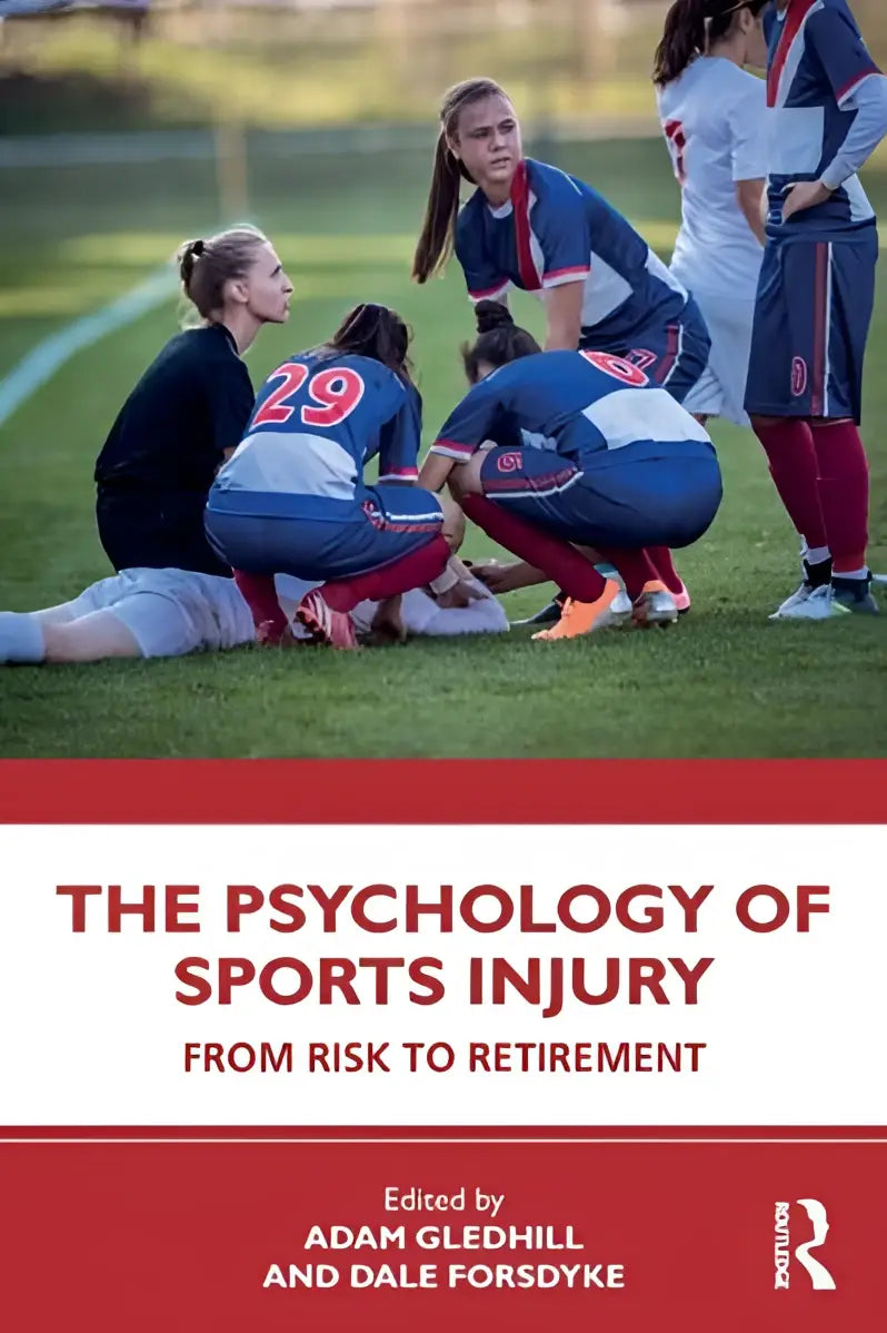 Hardcoverboek psychology of sports injury from risk to retirement met rood-witte omslag en afbeelding van vrouwelijke voetballers
