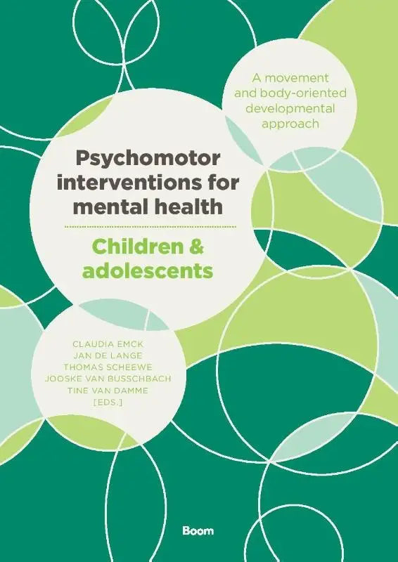 Groen-witte abstracte omslag van het boek psychomotorische interventies voor mentale gezondheid kinderen en adolescenten