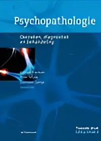 Blauw boek over psychopathologie met afbeelding van neuraal netwerk en gloeiende rode en witte knooppunten