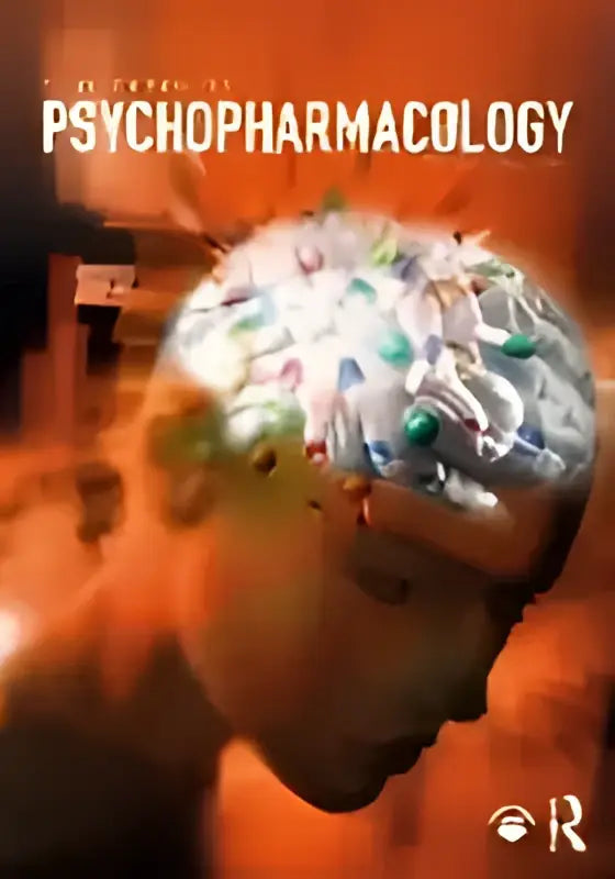 De omslag van het boek psychopharmacology toont een gloeiende, doorschijnende hersenillustratie met neurale paden op een oranje verloopachtergrond